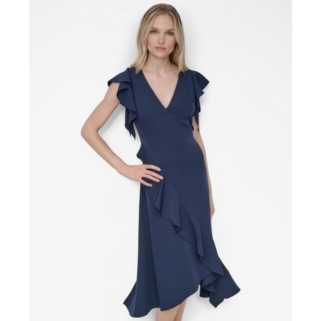Dkny Women's Ruffle Sleeve V Neck Midi Dress