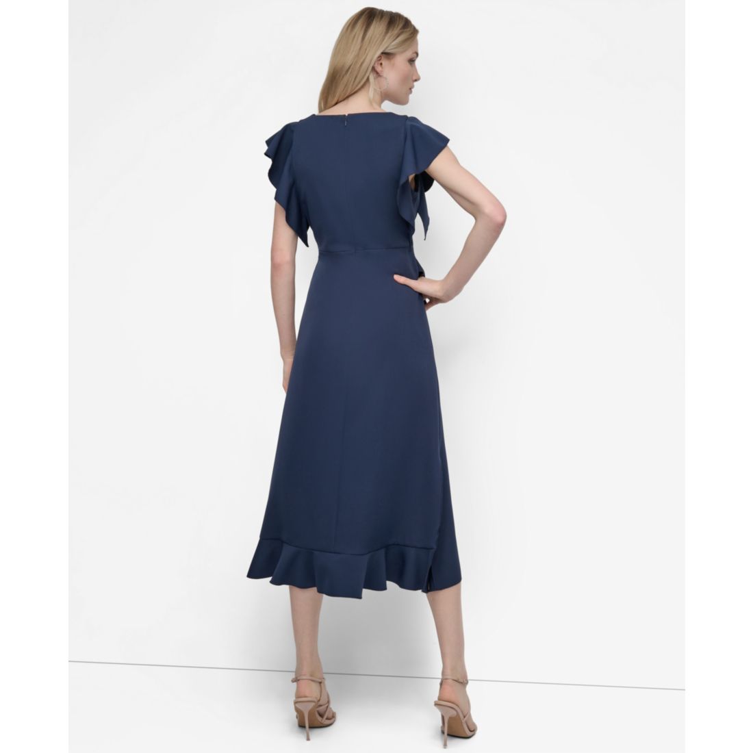 Dkny Women's Ruffle Sleeve V Neck Midi Dress