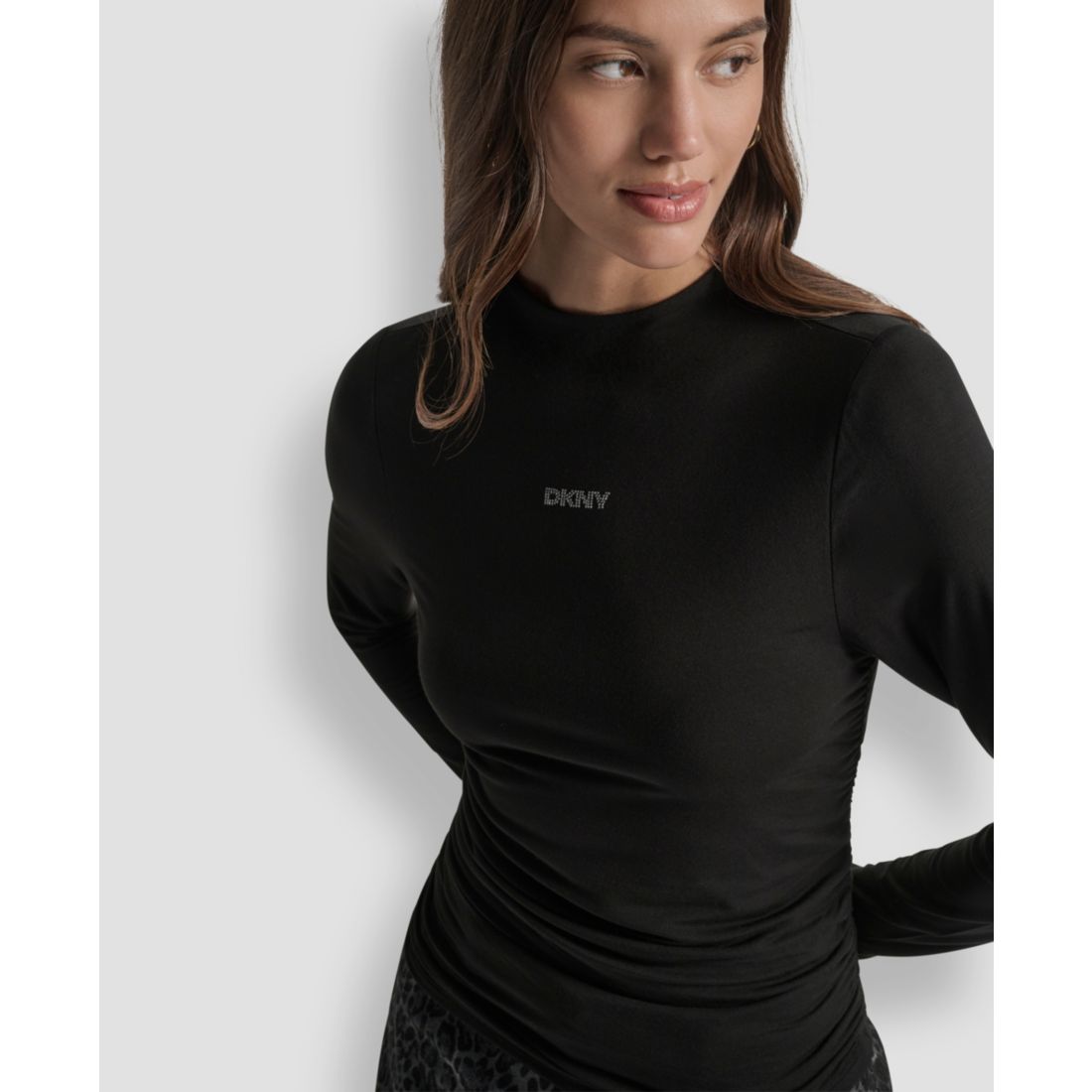 Dkny Jeans Women's Side Ruched High Neck Long Sleeve Top With Rhinestud Logo