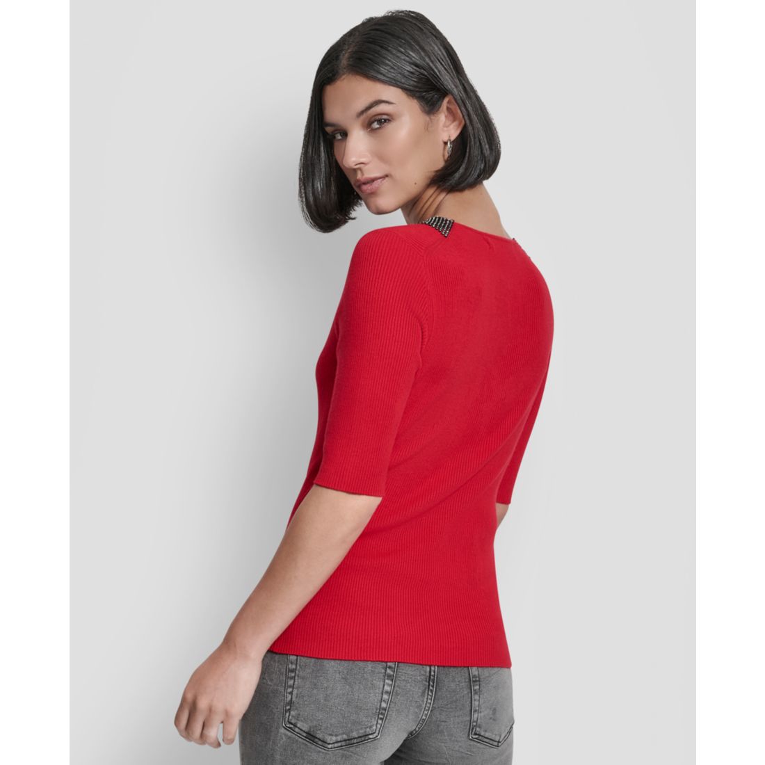 Dkny Women's Embellished-Neck Half-Sleeve Ribbed Sweater