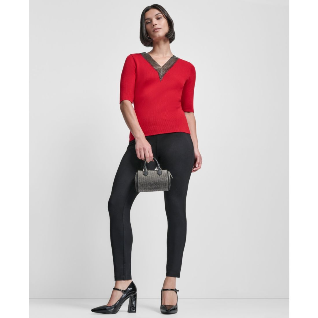 Dkny Women's Embellished-Neck Half-Sleeve Ribbed Sweater