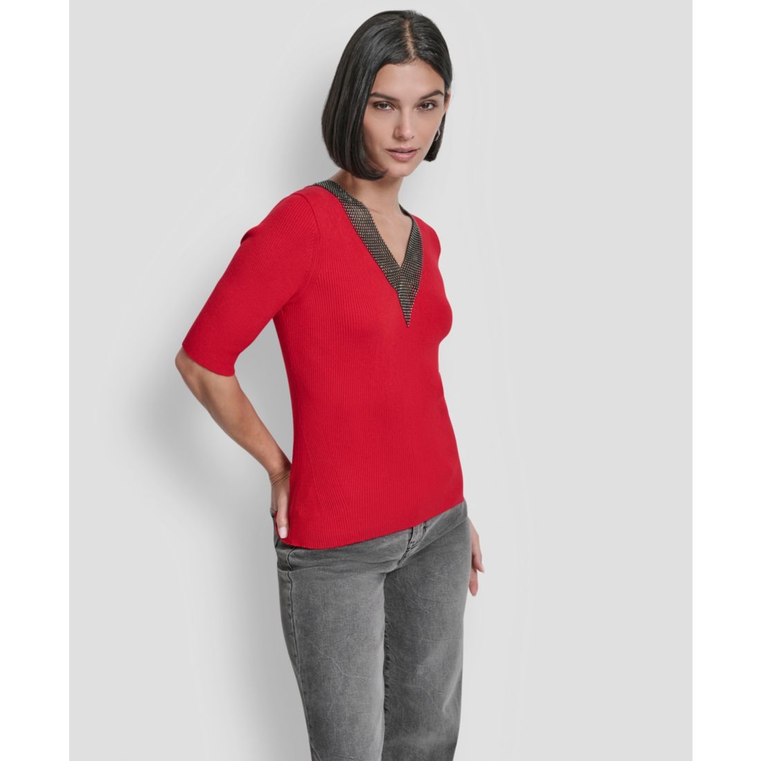 Dkny Women's Embellished-Neck Half-Sleeve Ribbed Sweater