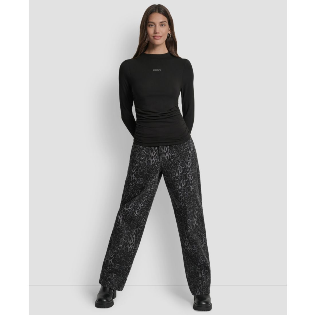 Dkny Jeans Women's Side Ruched High Neck Long Sleeve Top With Rhinestud Logo