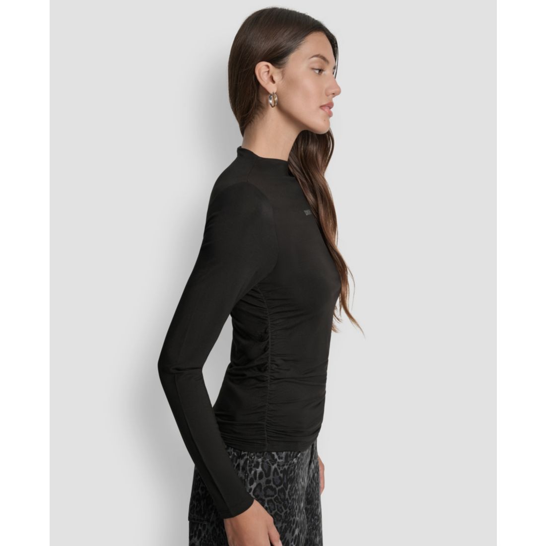 Dkny Jeans Women's Side Ruched High Neck Long Sleeve Top With Rhinestud Logo