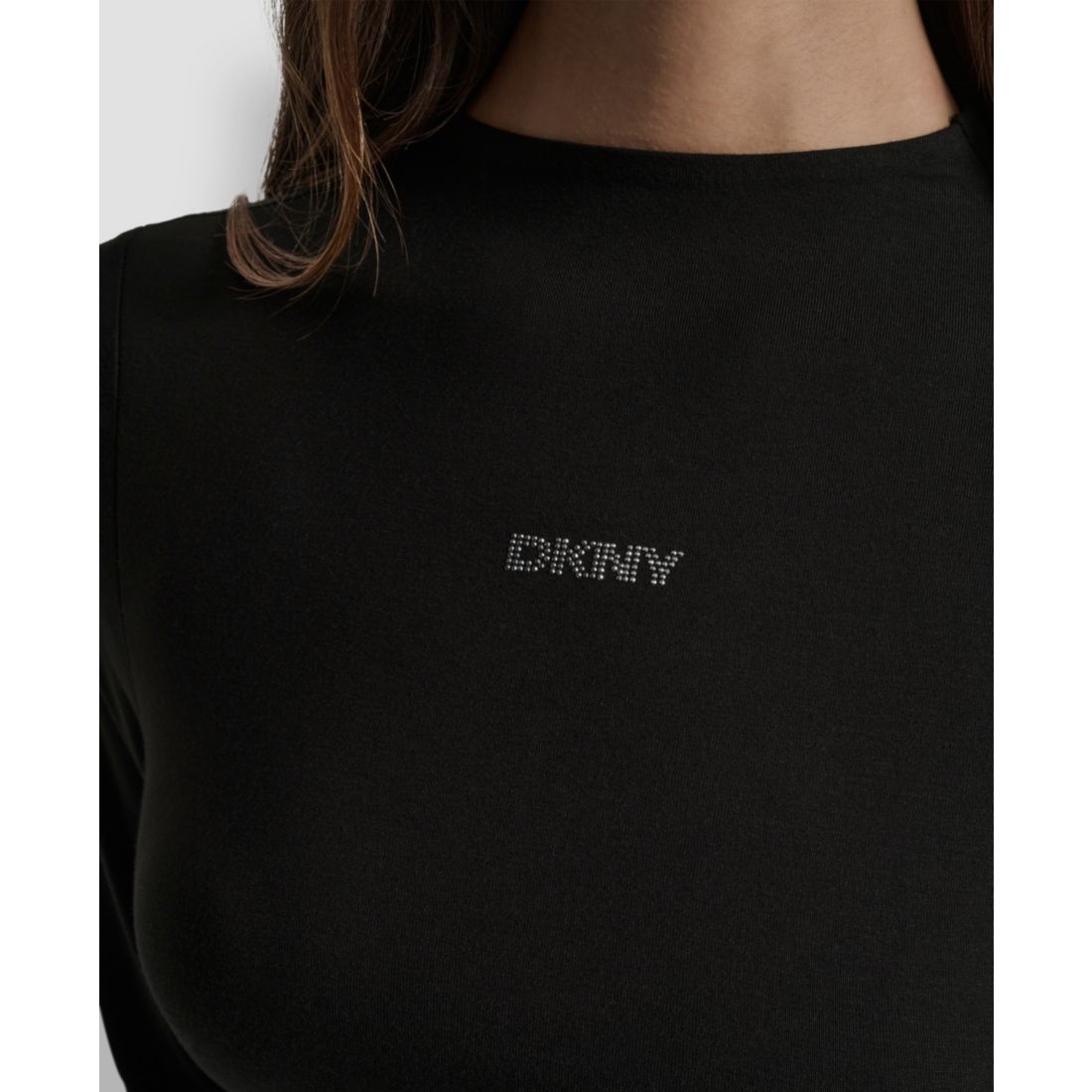 Dkny Jeans Women's Side Ruched High Neck Long Sleeve Top With Rhinestud Logo