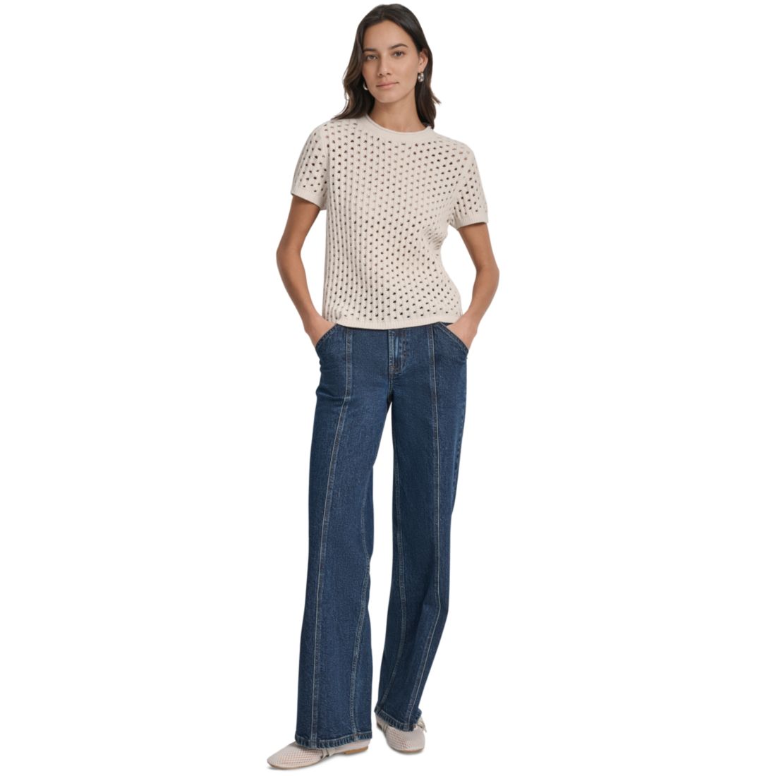Dkny Jeans Women's Open Stitch Crewneck Short-Sleeve Sweater