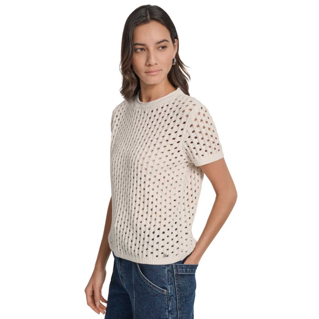 Dkny Jeans Women's Open Stitch Crewneck Short-Sleeve Sweater
