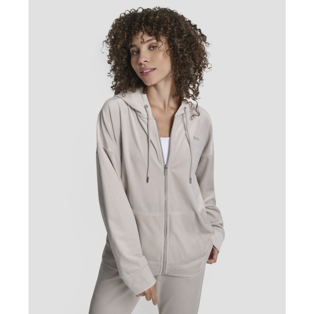 Dkny Women's Platinum Velour Rhinestone Logo Full-Zip Hoodie