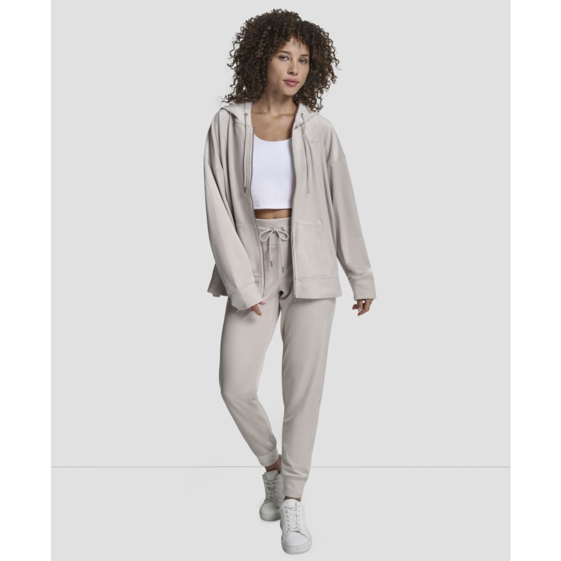 Dkny Women's Platinum Velour Rhinestone Logo Full-Zip Hoodie