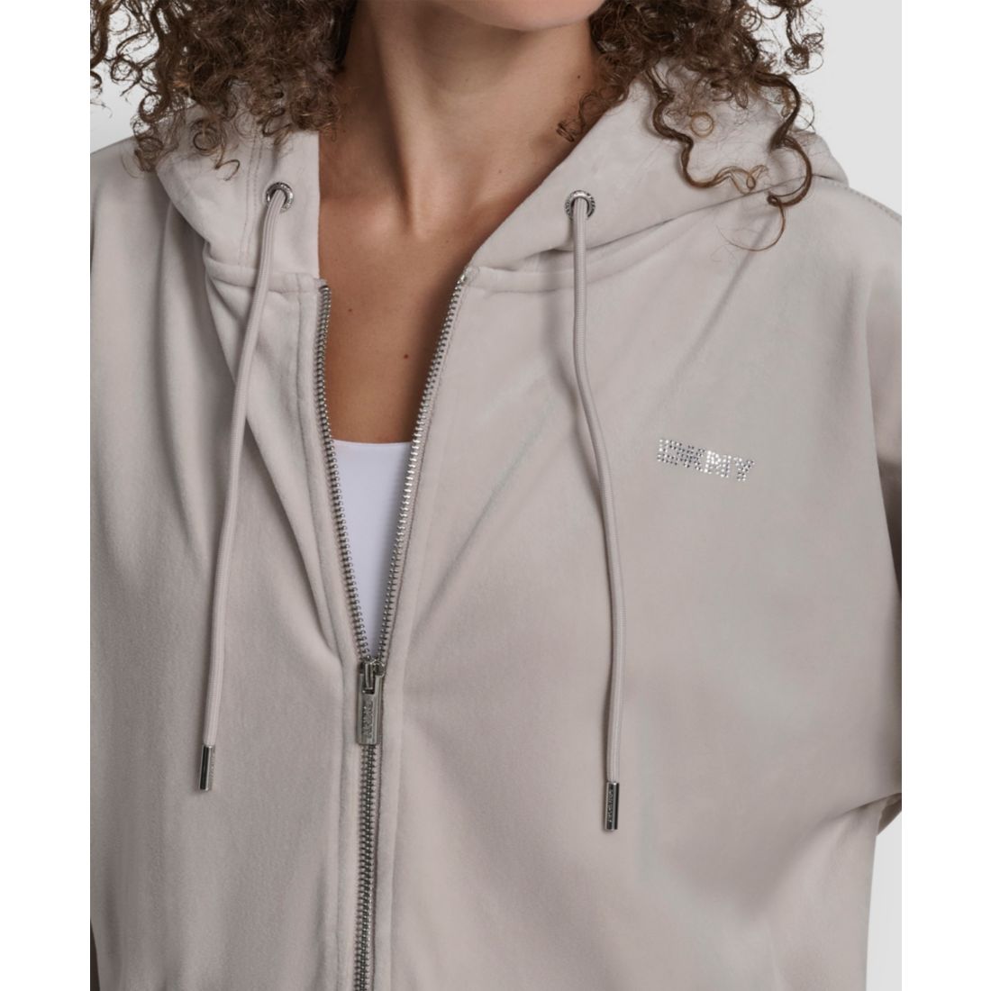 Dkny Women's Platinum Velour Rhinestone Logo Full-Zip Hoodie