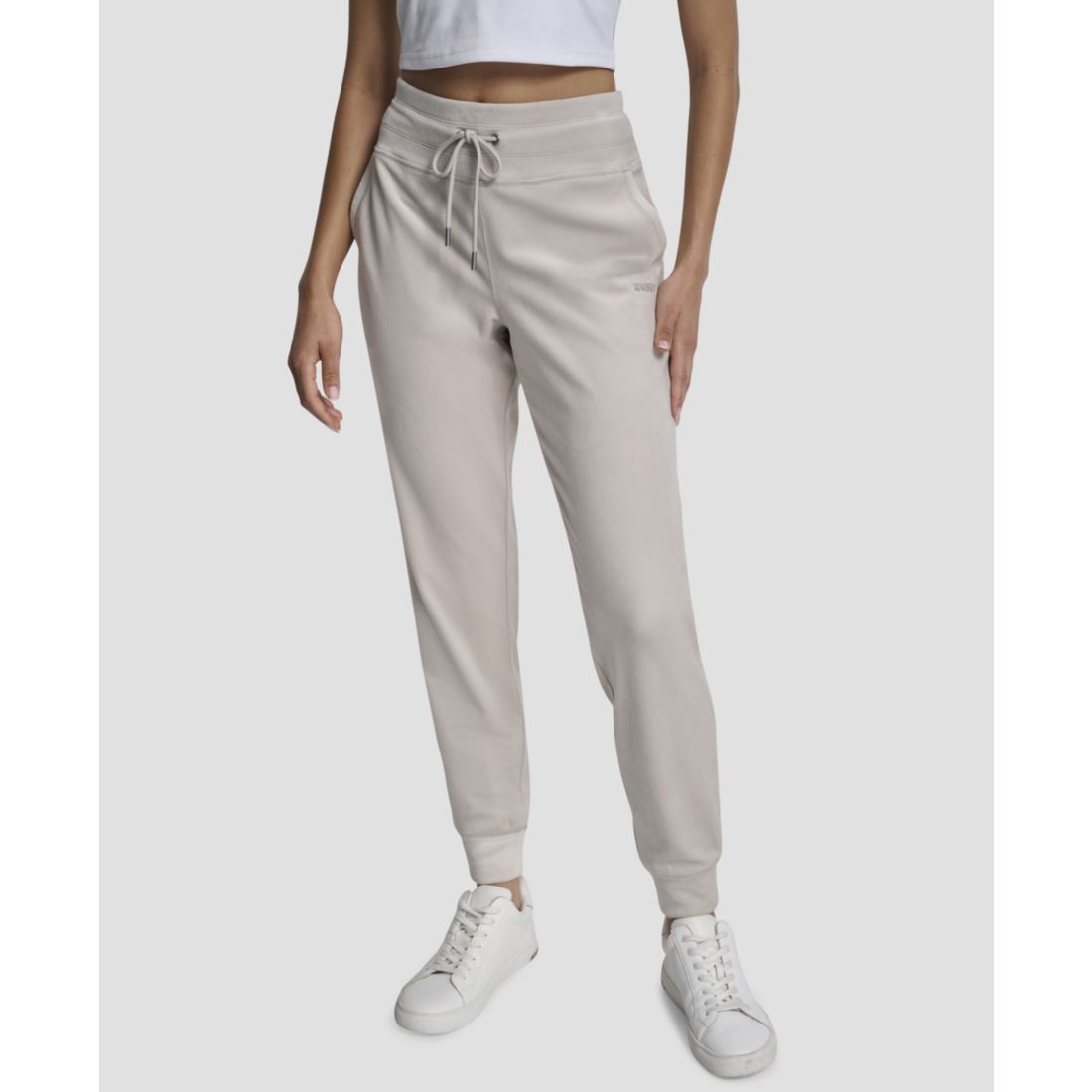 Dkny Women's Platinum Velour Rhinestone Logo Slim Fit Joggers