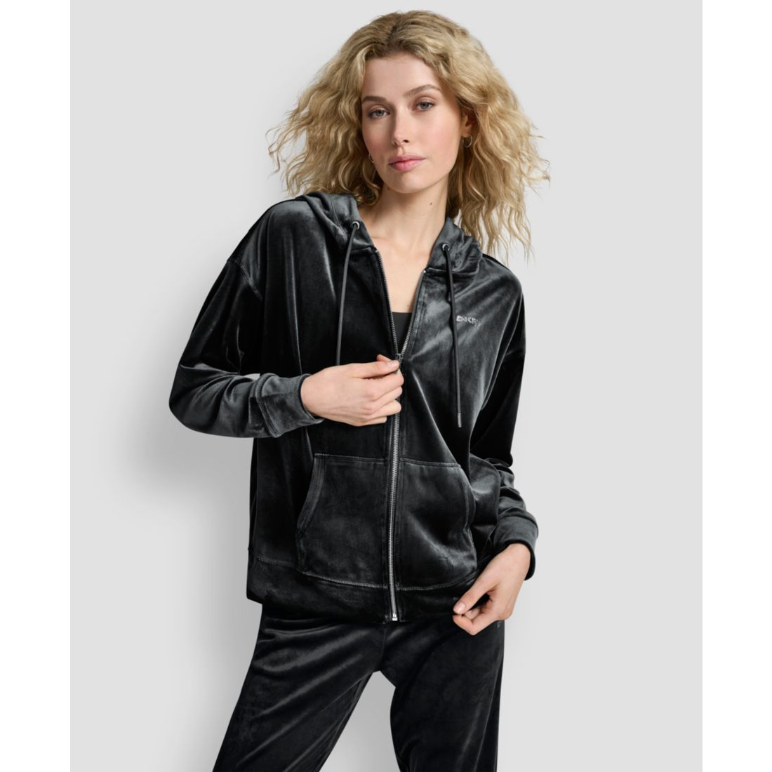 Dkny Women's Platinum Velour Rhinestone Logo Full-Zip Hoodie