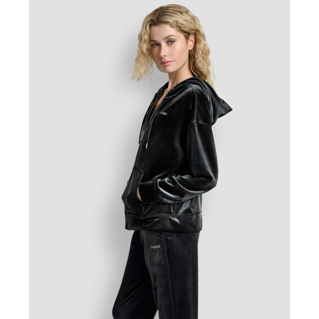 Dkny Women's Platinum Velour Rhinestone Logo Full-Zip Hoodie