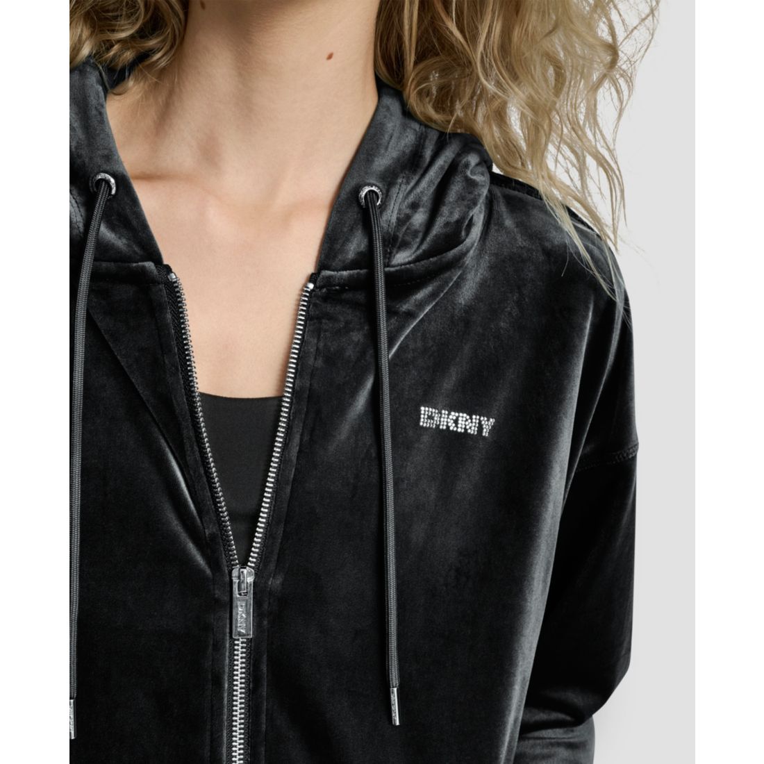 Dkny Women's Platinum Velour Rhinestone Logo Full-Zip Hoodie