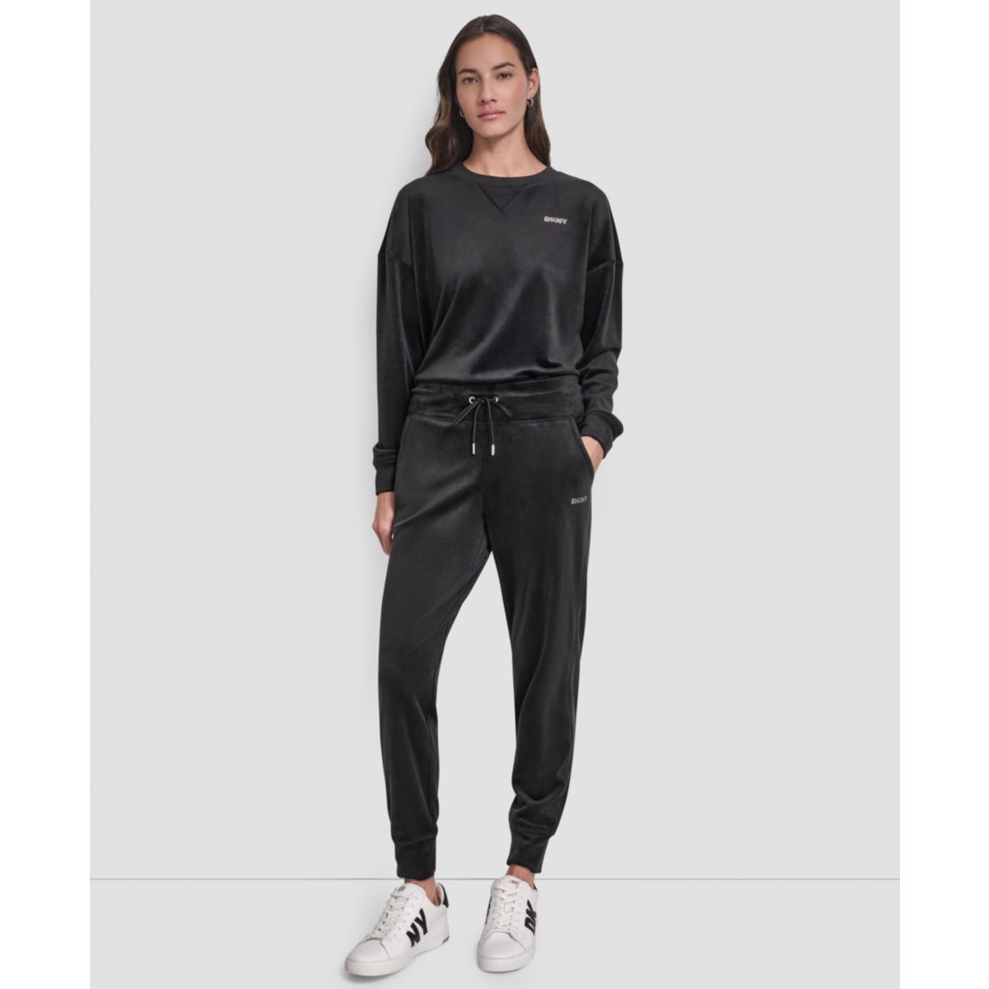 Dkny Women's Platinum Velour Rhinestone Logo Slim Fit Joggers
