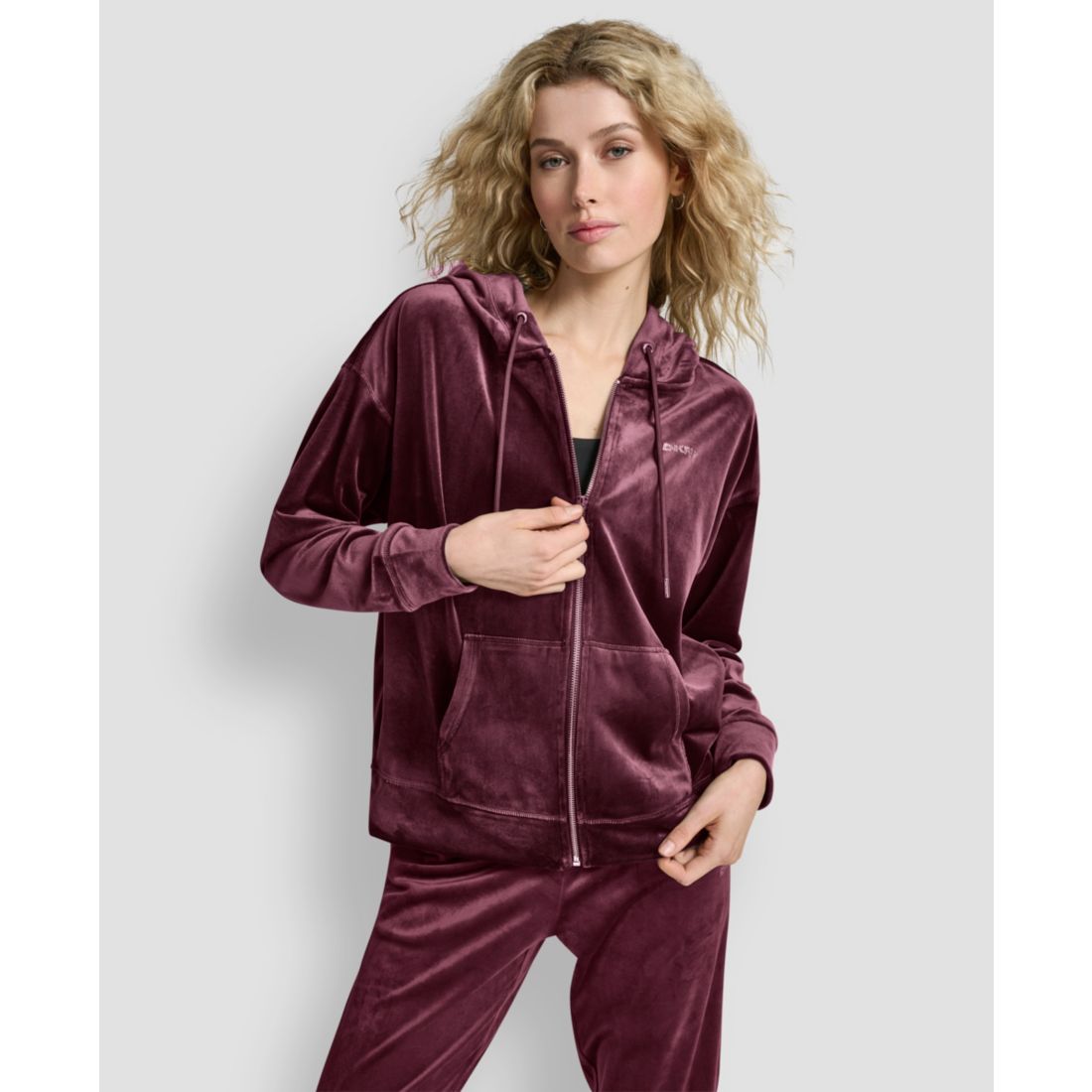 Dkny Women's Platinum Velour Rhinestone Logo Full-Zip Hoodie