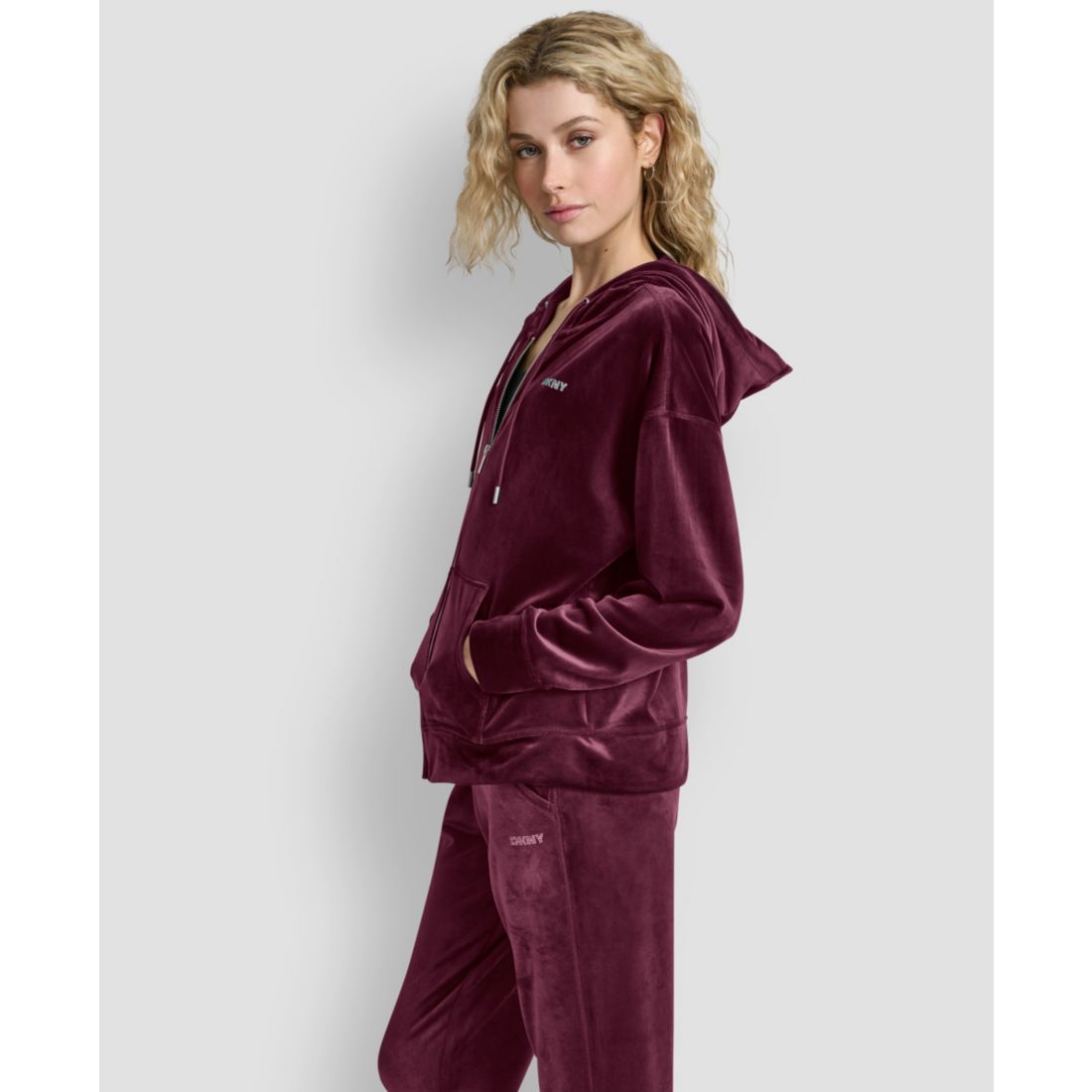 Dkny Women's Platinum Velour Rhinestone Logo Full-Zip Hoodie