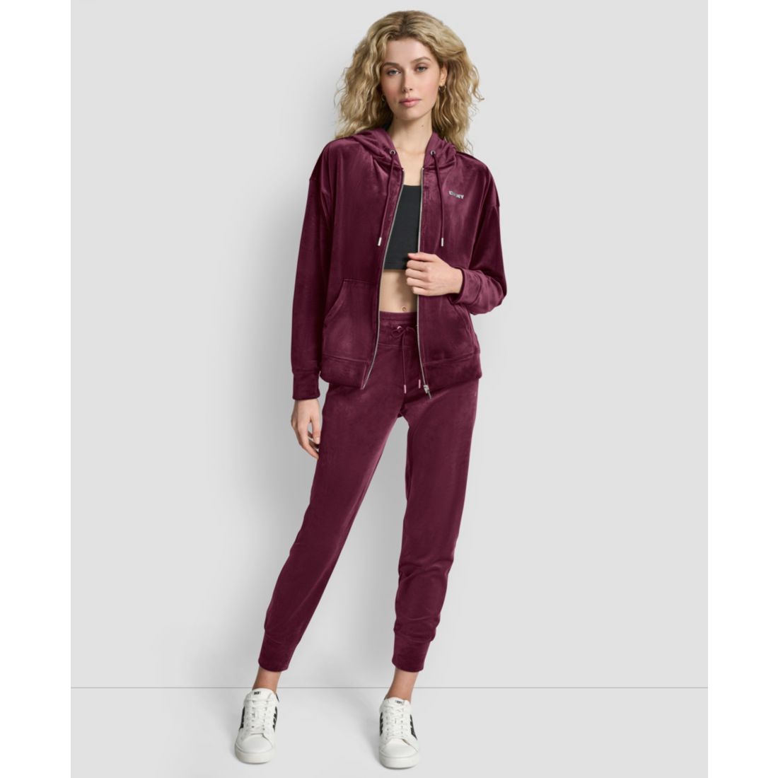 Dkny Women's Platinum Velour Rhinestone Logo Full-Zip Hoodie