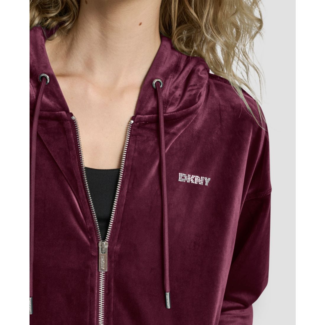 Dkny Women's Platinum Velour Rhinestone Logo Full-Zip Hoodie