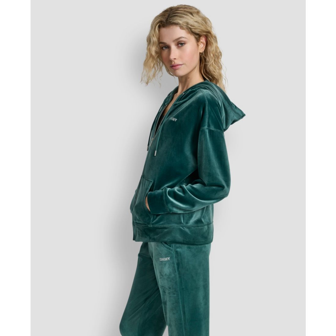 Dkny Women's Platinum Velour Rhinestone Logo Full-Zip Hoodie