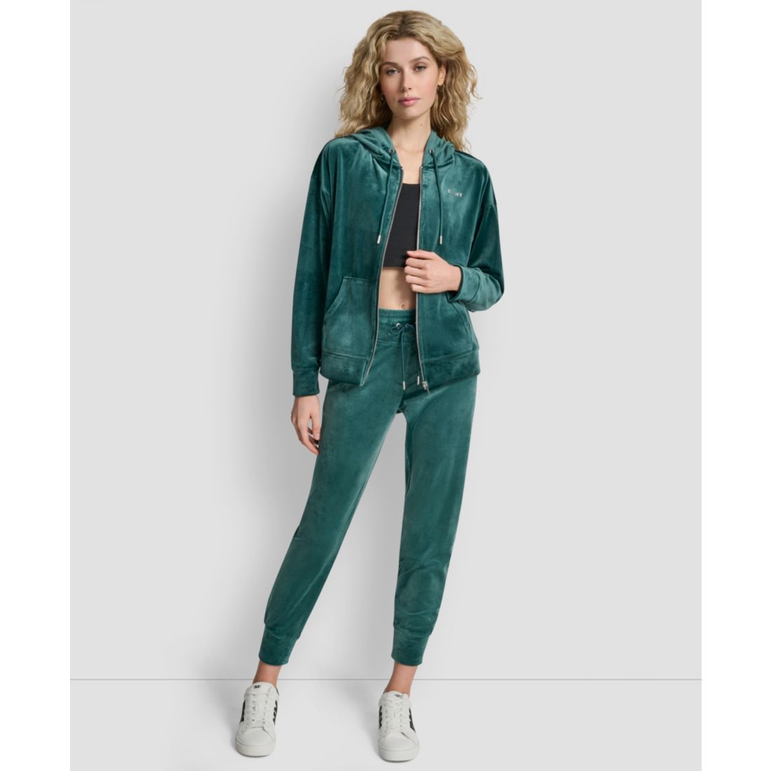 Dkny Women's Platinum Velour Rhinestone Logo Full-Zip Hoodie