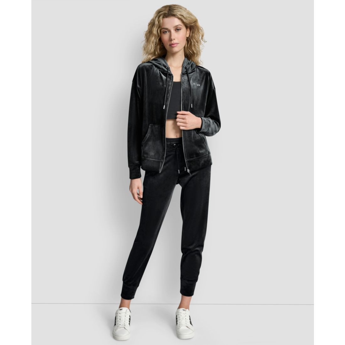 Dkny Women's Platinum Velour Rhinestone Logo Full-Zip Hoodie