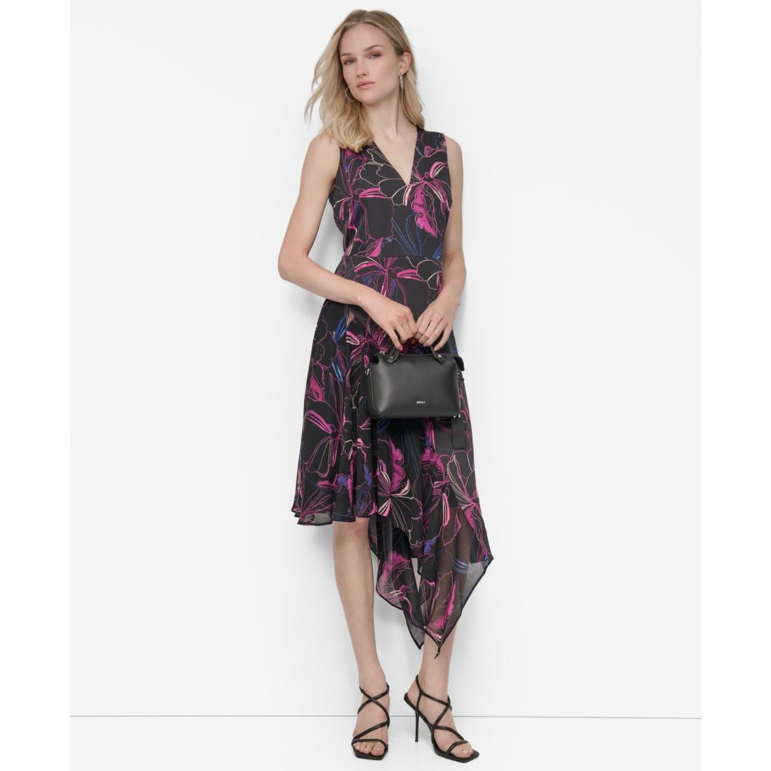 Dkny Women's V-Neck Sleeveless Asymmetrical Midi Dress