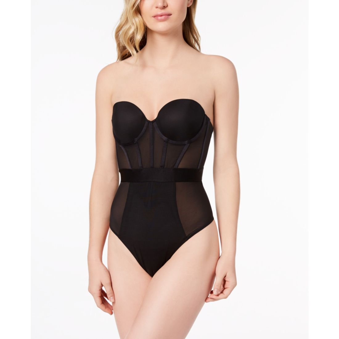 Dkny Women's Sheers Strapless Mesh-Panel Thong Bodysuit DK6008