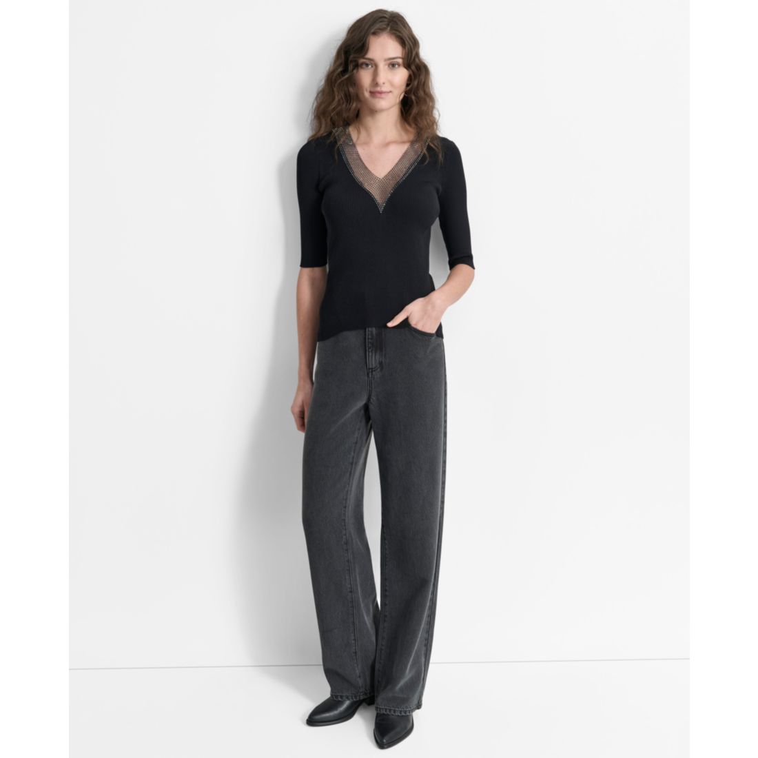 Dkny Women's Embellished-Neck Half-Sleeve Ribbed Sweater