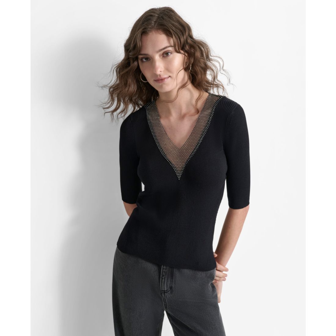 Dkny Women's Embellished-Neck Half-Sleeve Ribbed Sweater