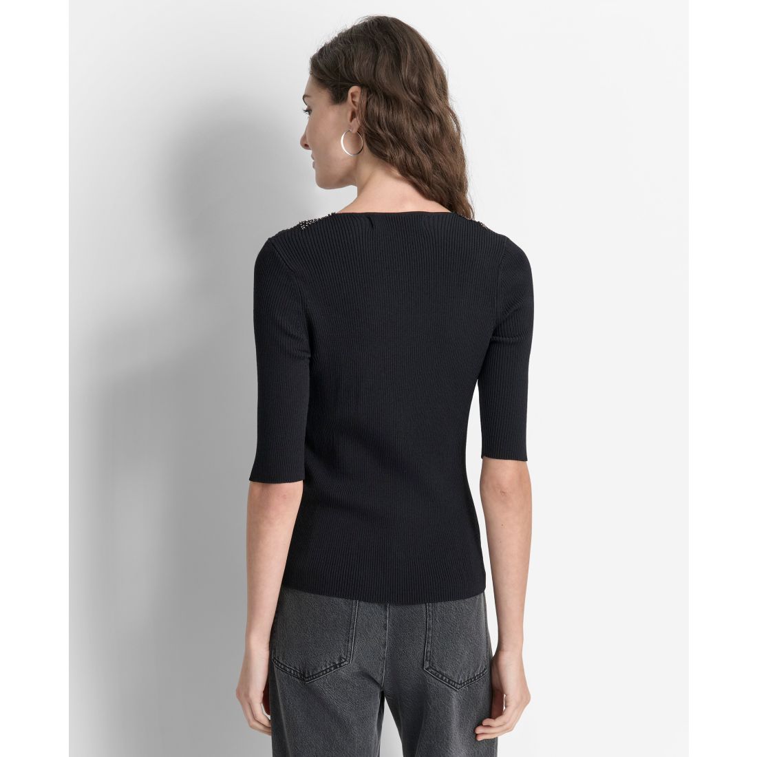 Dkny Women's Embellished-Neck Half-Sleeve Ribbed Sweater
