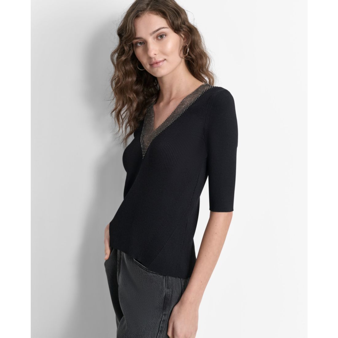 Dkny Women's Embellished-Neck Half-Sleeve Ribbed Sweater