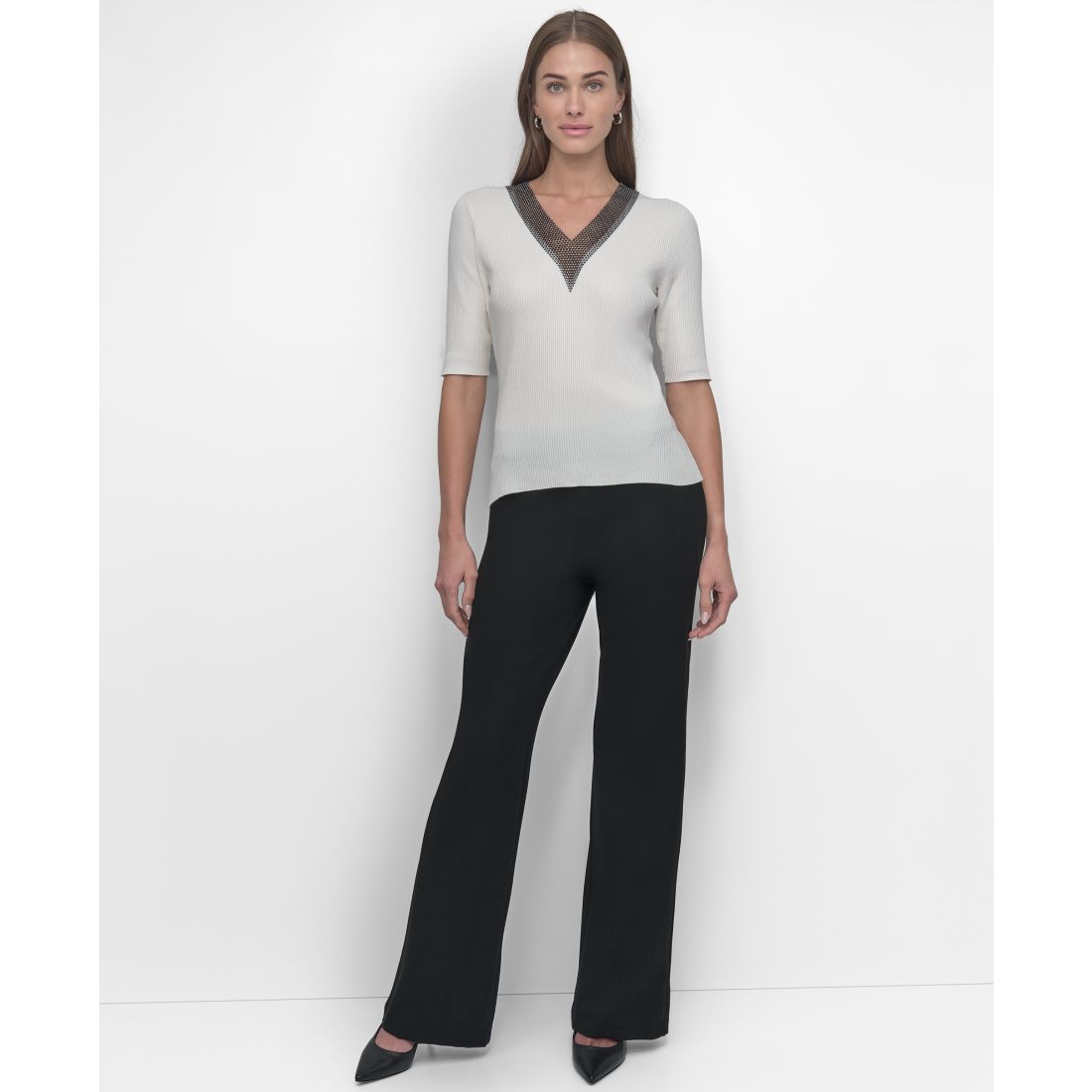 Dkny Women's Embellished-Neck Half-Sleeve Ribbed Sweater