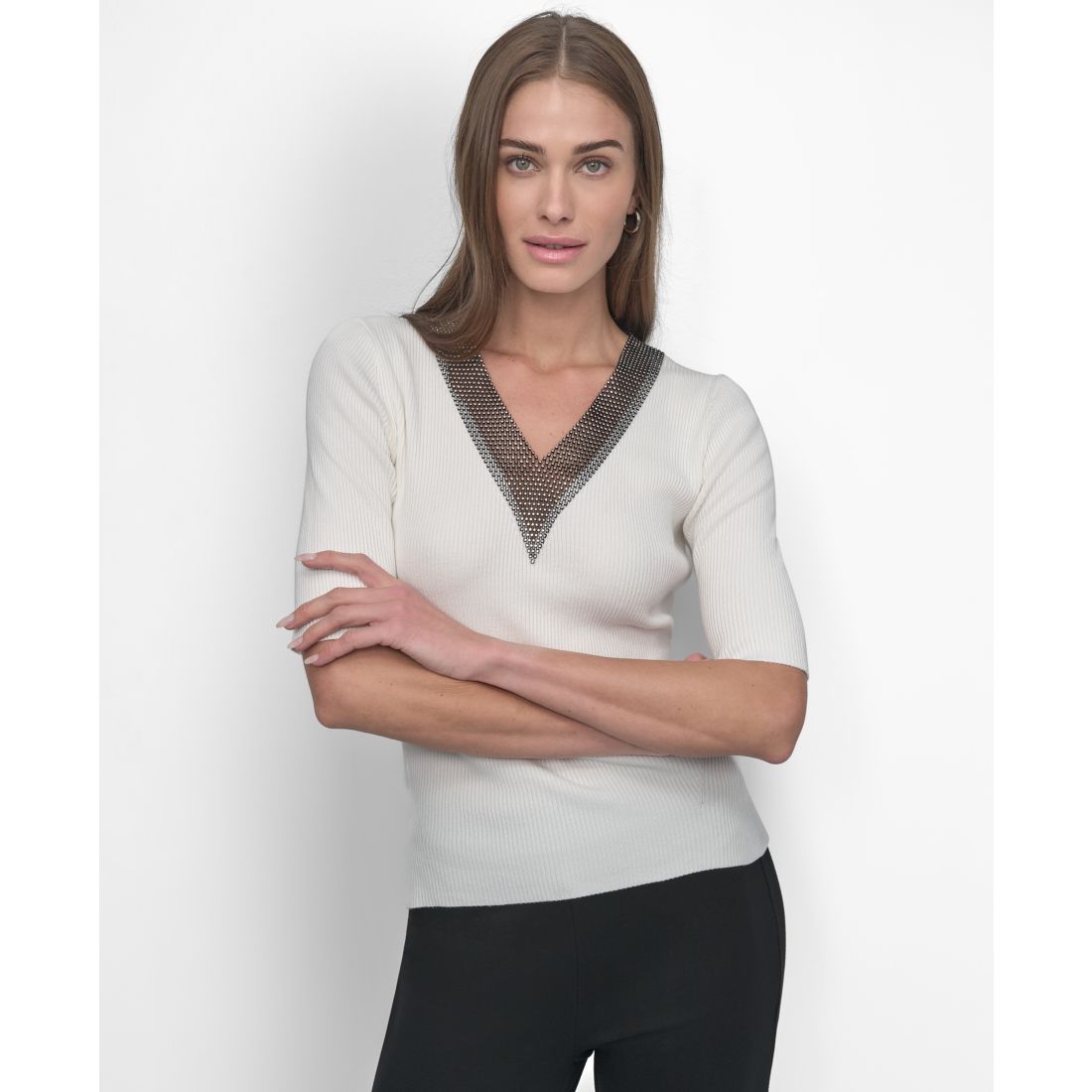 Dkny Women's Embellished-Neck Half-Sleeve Ribbed Sweater
