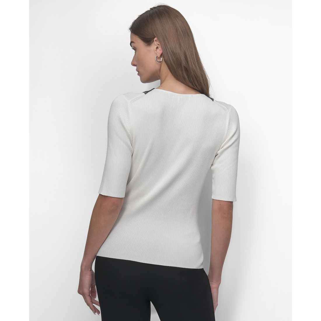 Dkny Women's Embellished-Neck Half-Sleeve Ribbed Sweater