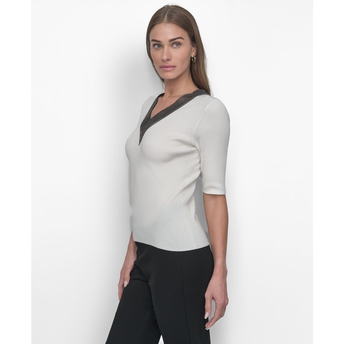 Dkny Women's Embellished-Neck Half-Sleeve Ribbed Sweater