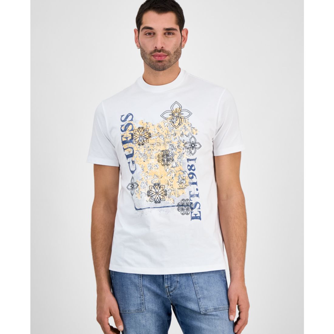 Guess Men's Faded Flower Short Sleeve Logo Graphic T-Shirt