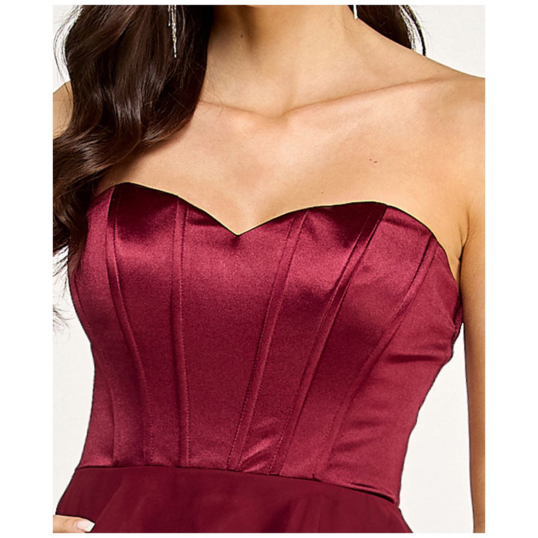 City Studios Juniors' Strapless Corset Ruffle Tier Slim Gown