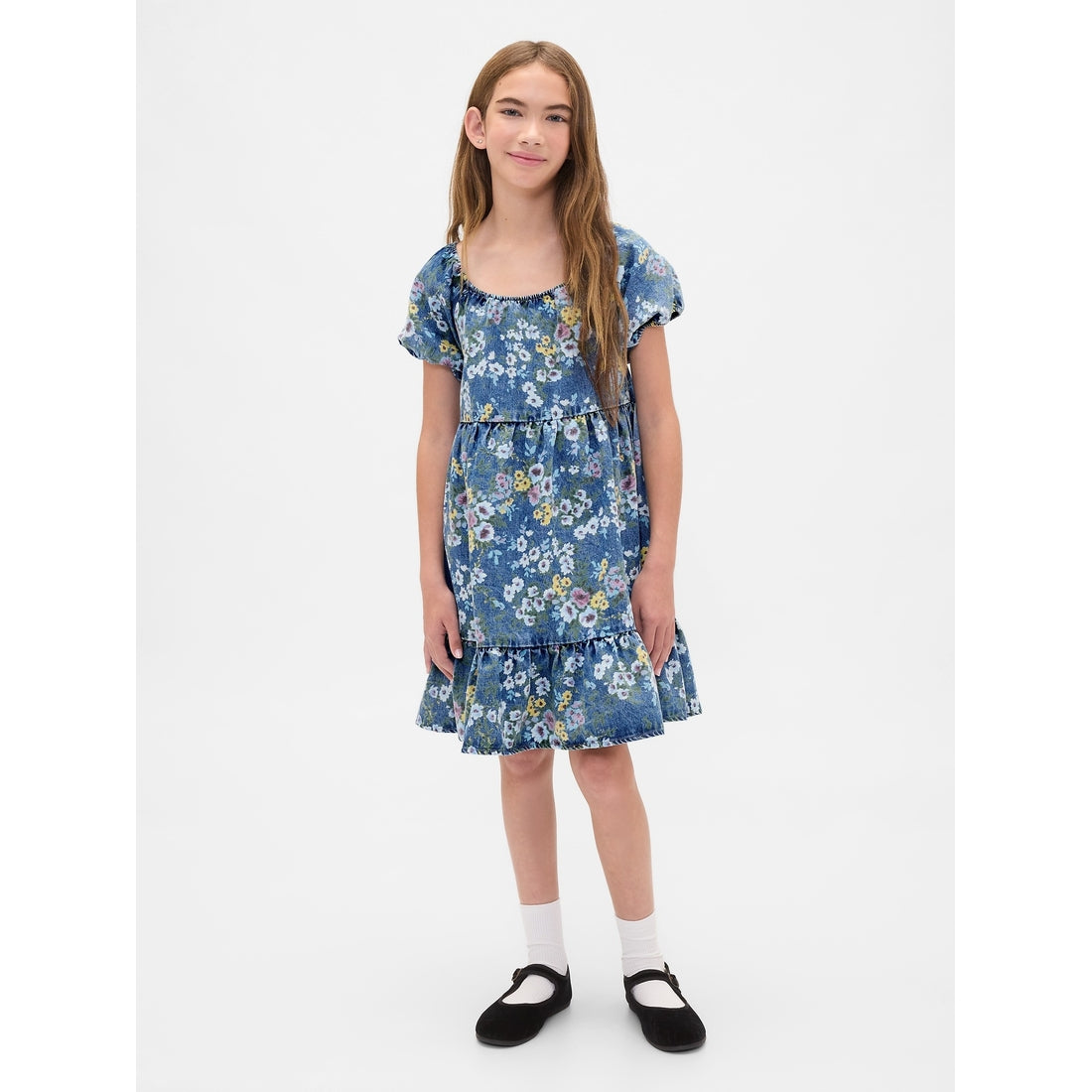 Girls' Denim Puff-Sleeve Floral Dress