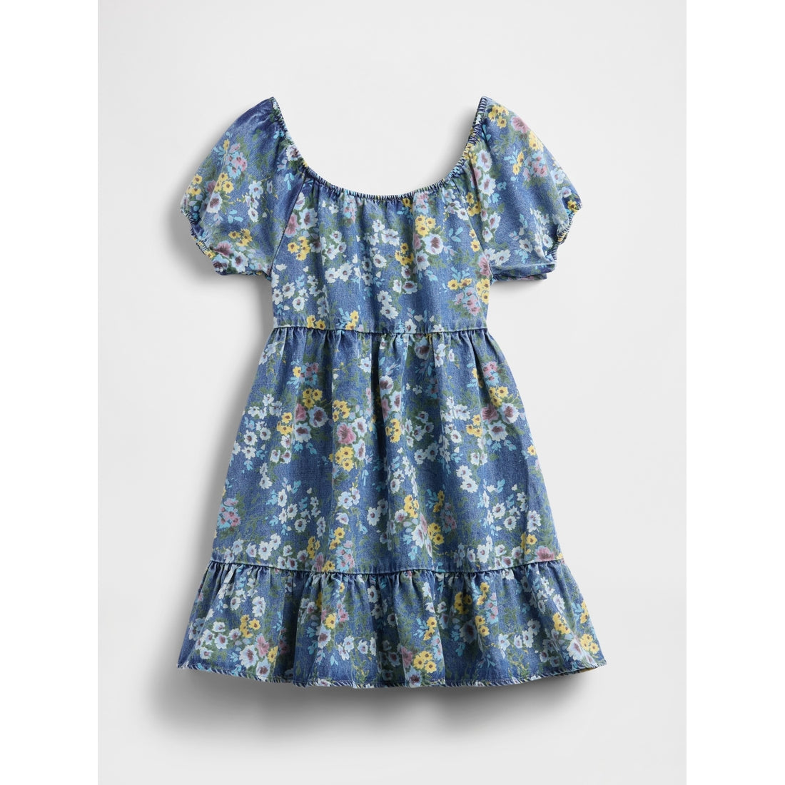 Girls' Denim Puff-Sleeve Floral Dress
