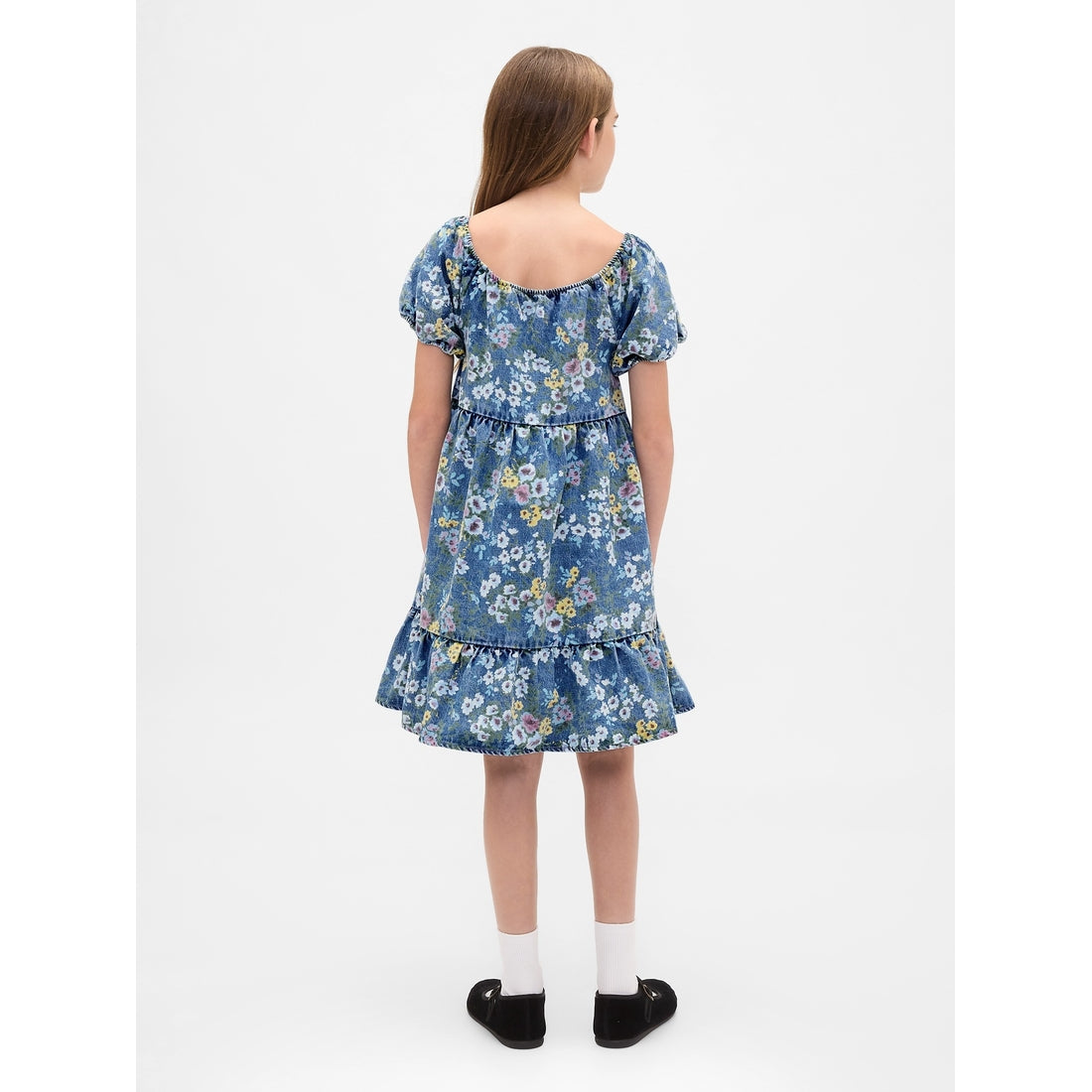 Girls' Denim Puff-Sleeve Floral Dress