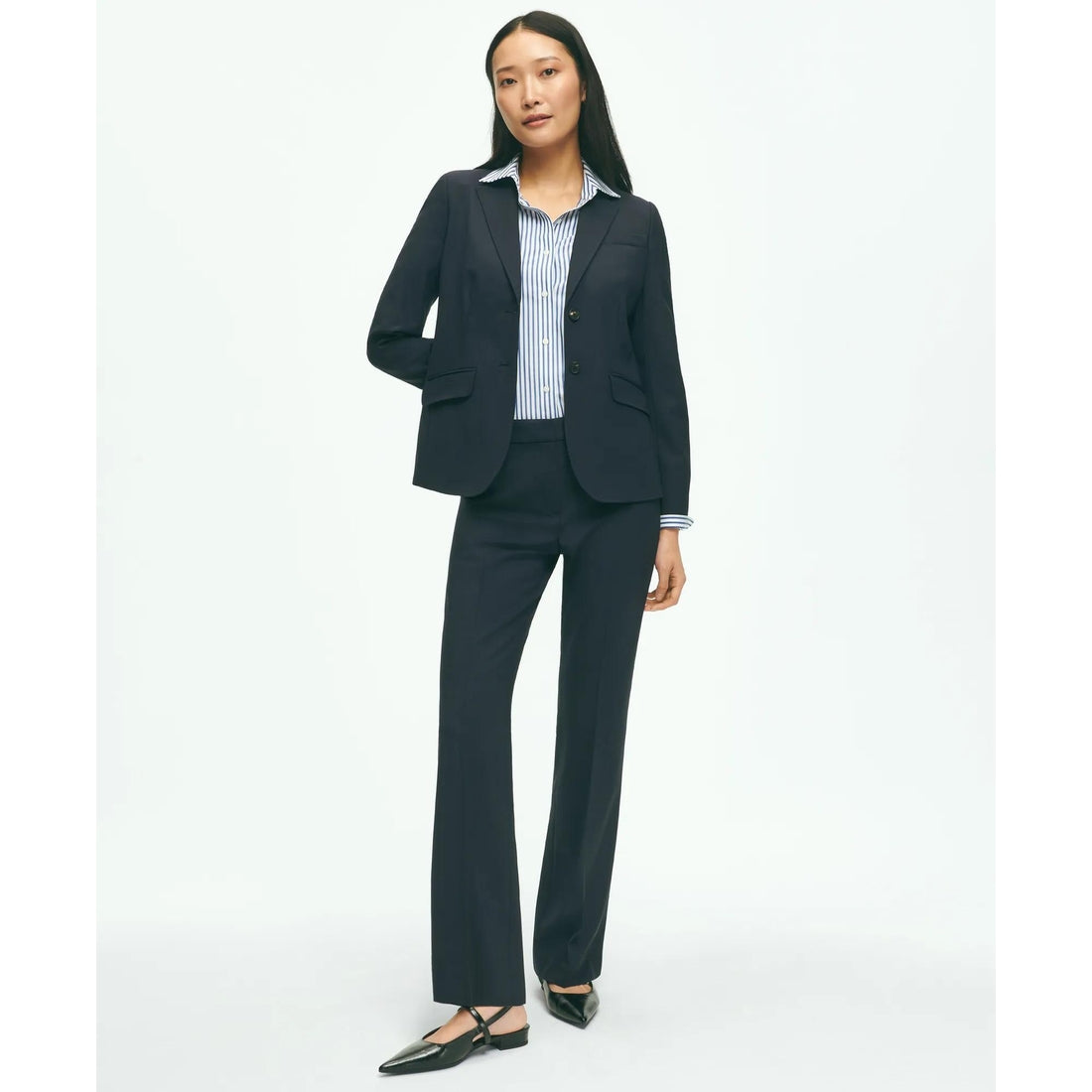 The Essentials Brooks Brothers Stretch Wool Flare Leg Trousers