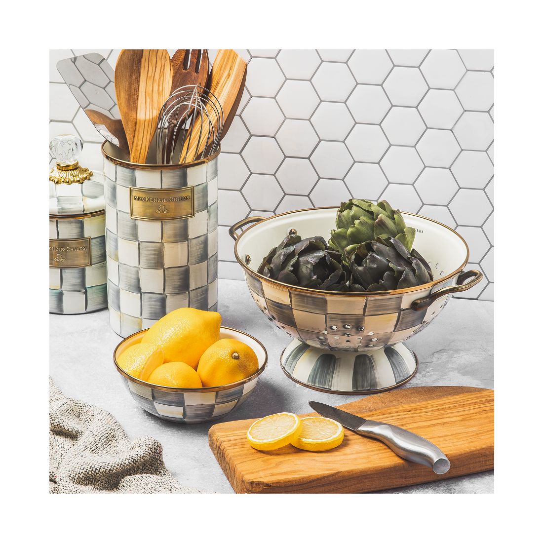 Mackenzie-Childs Sterling Check Large Colander