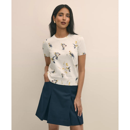 Cotton Short-Sleeve Sweater Shell in Bird Print
