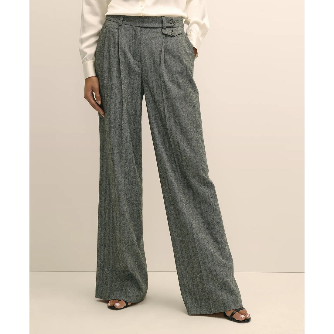 Wool Blend Pleated Herringbone Wide-Leg Pant