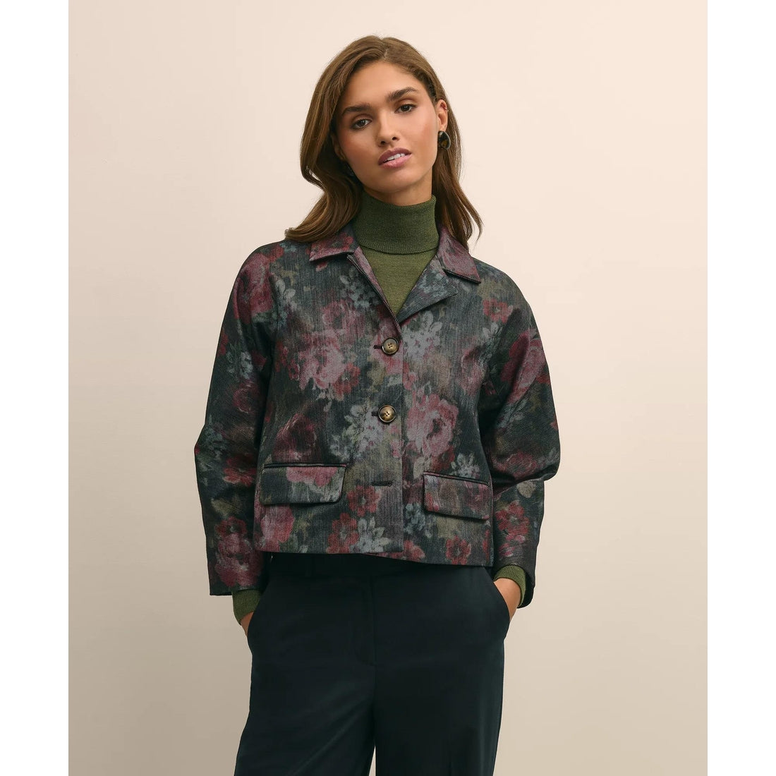 Cotton Blend Floral Jacquard Cropped Jacket