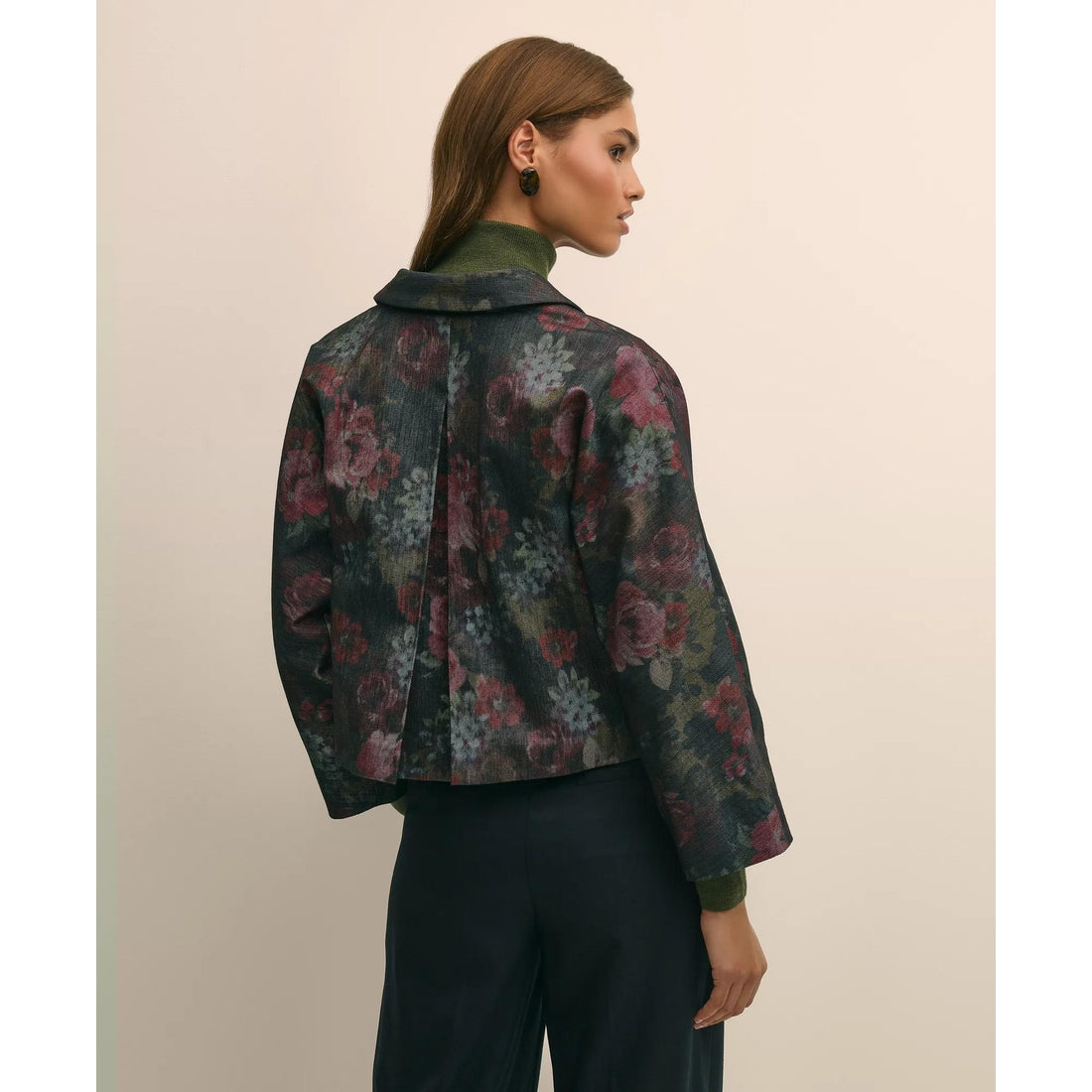 Cotton Blend Floral Jacquard Cropped Jacket