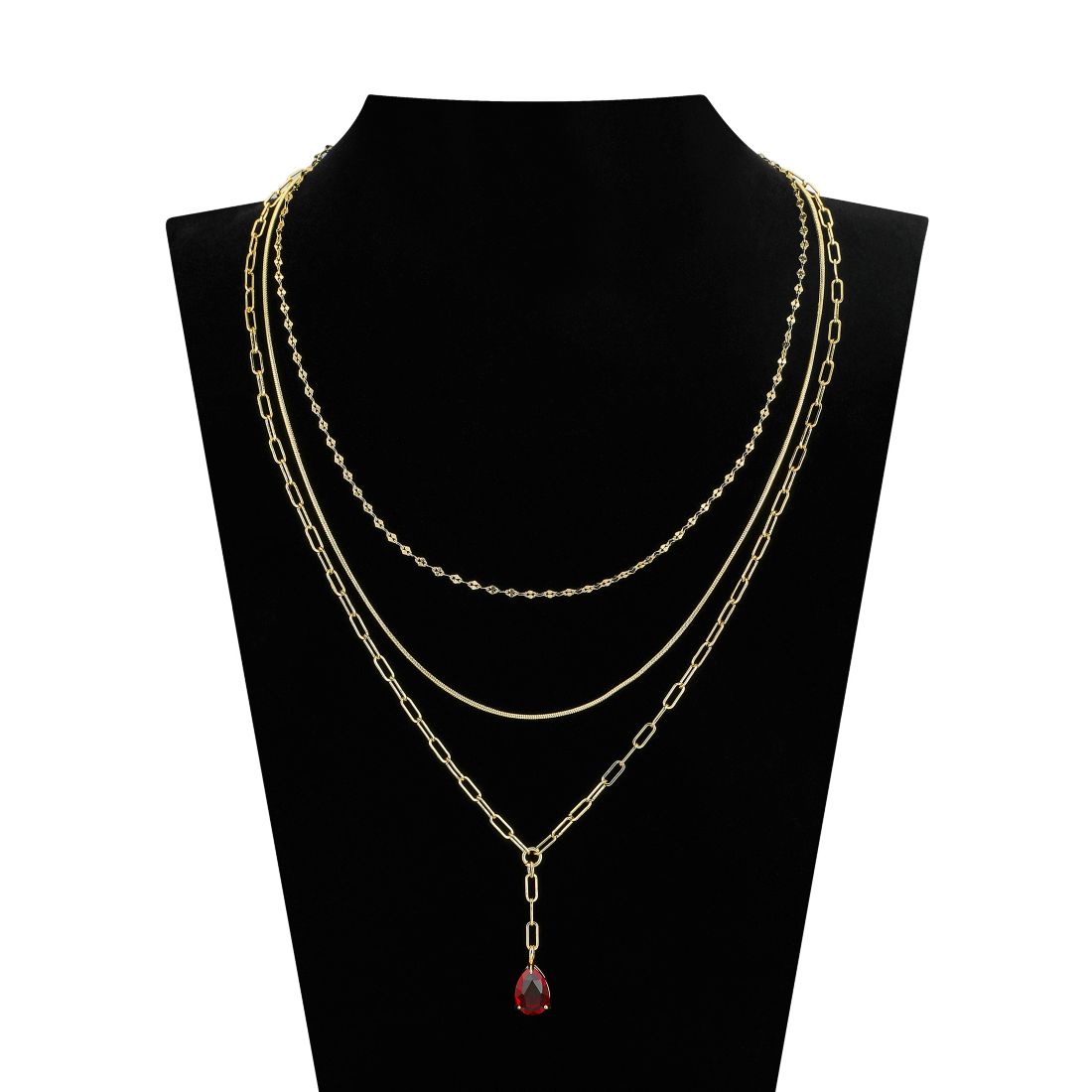 Unwritten Ruby Glass Teardrop Paperclip Layered Y-Necklace Set