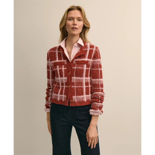 Cotton-Blend Soft Plaid Cardigan