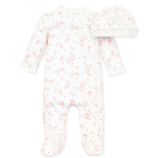 Little Me Baby Girls Vintage Rose Coverall with Matching Hat, 2 Piece Set